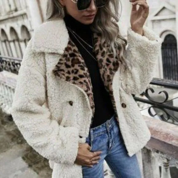 Leopard Print Double Button Teddy Coat