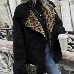 Leopard Print Double Button Teddy Coat