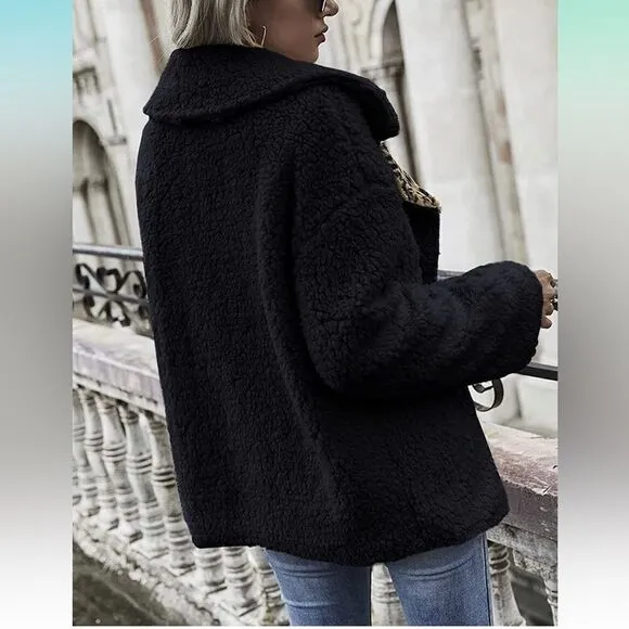 Leopard Print Double Button Teddy Coat