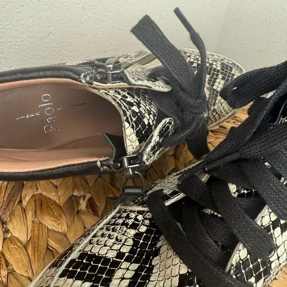 Linea Paolo Shoes Niya Wedge Sneaker Snakeskin Black and White Pattern Lace Up