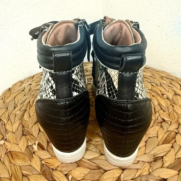 Linea Paolo Shoes Niya Wedge Sneaker Snakeskin Black and White Pattern Lace Up