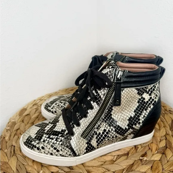Linea Paolo Shoes Niya Wedge Sneaker Snakeskin Black and White Pattern Lace Up