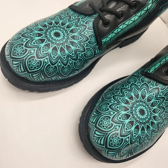 Lion Mandala boots men's 12 black teal vegan leather combat bohemian king animal