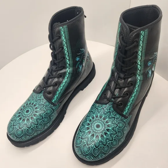 Lion Mandala boots men's 12 black teal vegan leather combat bohemian king animal