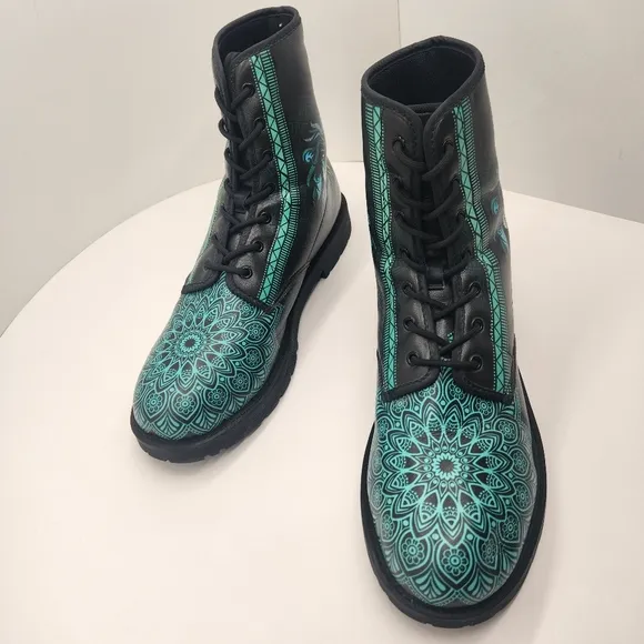 Lion Mandala boots men's 12 black teal vegan leather combat bohemian king animal