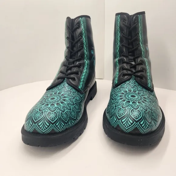 Lion Mandala boots men's 12 black teal vegan leather combat bohemian king animal