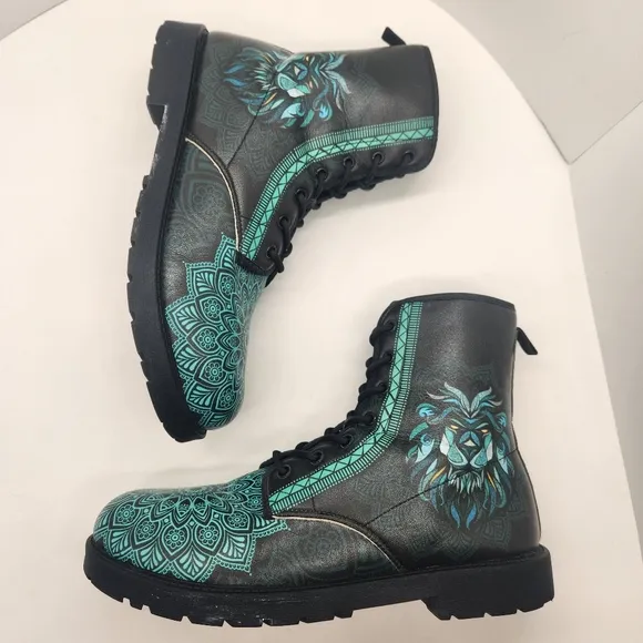 Lion Mandala boots men's 12 black teal vegan leather combat bohemian king animal