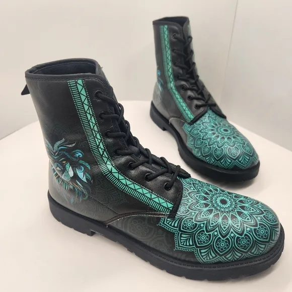 Lion Mandala boots men's 12 black teal vegan leather combat bohemian king animal