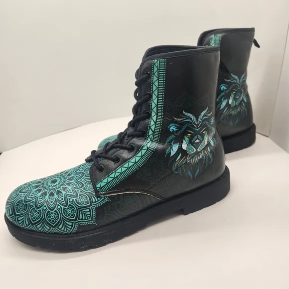 Lion Mandala boots men's 12 black teal vegan leather combat bohemian king animal