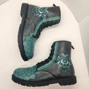 Lion Mandala boots men's 12 black teal vegan leather combat bohemian king animal