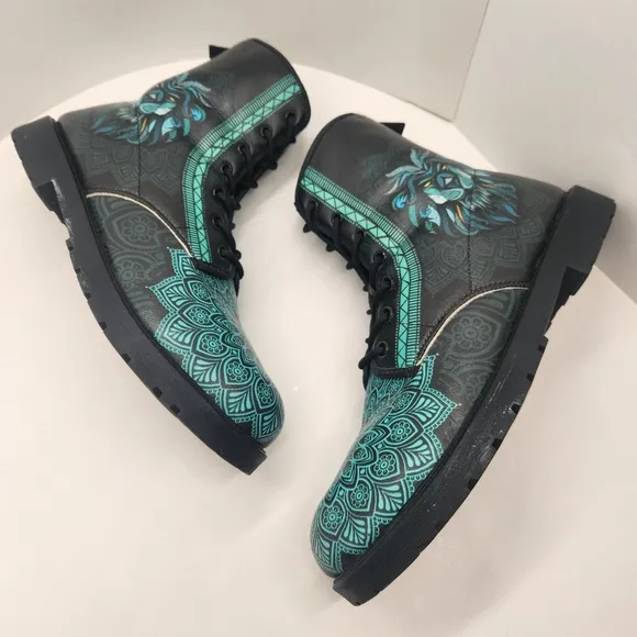 Lion Mandala boots men's 12 black teal vegan leather combat bohemian king animal