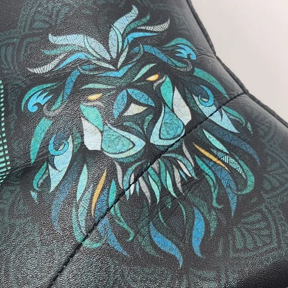 Lion Mandala boots men's 12 black teal vegan leather combat bohemian king animal