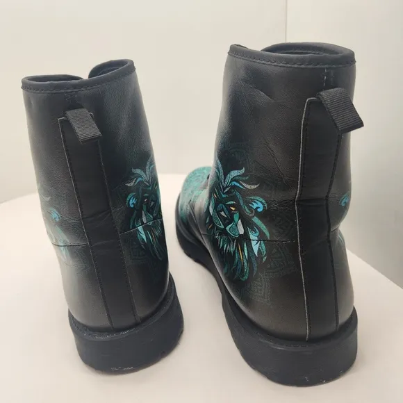 Lion Mandala boots men's 12 black teal vegan leather combat bohemian king animal