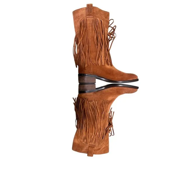 Lucky Brand Caleb Fringe Suede Boots Womens 10 Brown Camo Western Bohemian Retro