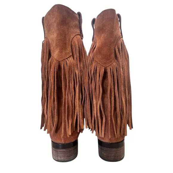 Lucky Brand Caleb Fringe Suede Boots Womens 10 Brown Camo Western Bohemian Retro