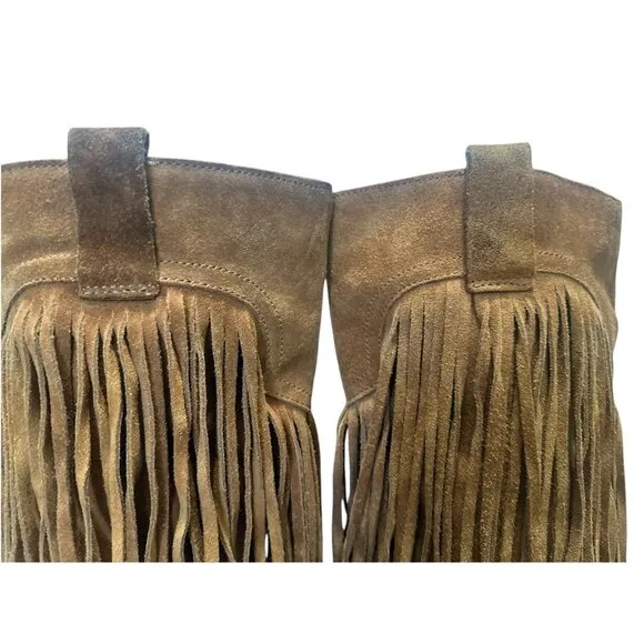 Lucky Brand Caleb Fringe Suede Boots Womens 10 Brown Camo Western Bohemian Retro