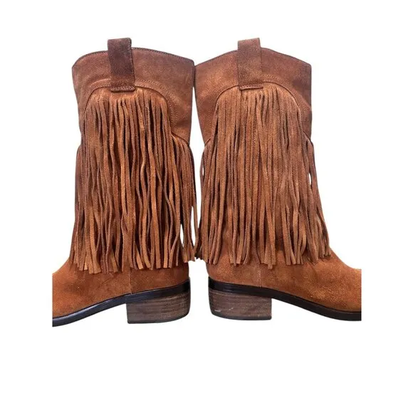 Lucky Brand Caleb Fringe Suede Boots Womens 10 Brown Camo Western Bohemian Retro