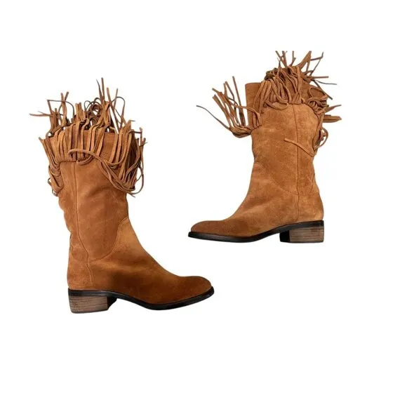 Lucky Brand Caleb Fringe Suede Boots Womens 10 Brown Camo Western Bohemian Retro