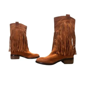 Lucky Brand Caleb Fringe Suede Boots Womens 10 Brown Camo Western Bohemian Retro