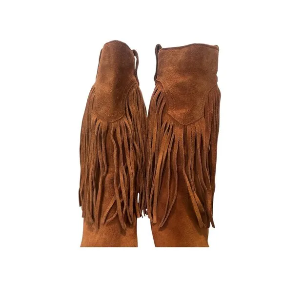 Lucky Brand Caleb Fringe Suede Boots Womens 10 Brown Camo Western Bohemian Retro