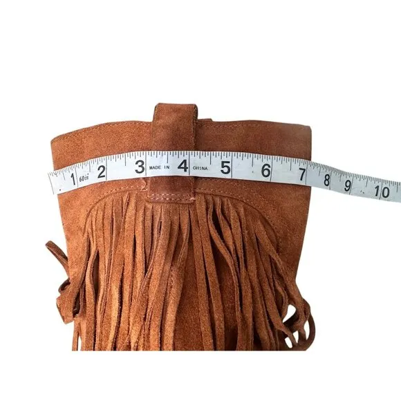 Lucky Brand Caleb Fringe Suede Boots Womens 10 Brown Camo Western Bohemian Retro