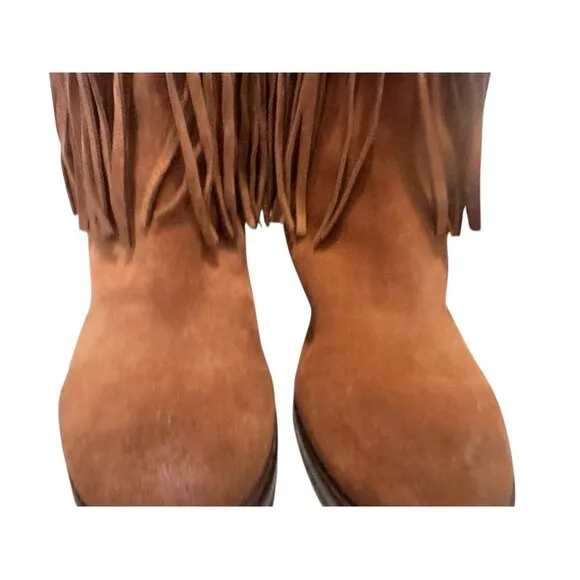 Lucky Brand Caleb Fringe Suede Boots Womens 10 Brown Camo Western Bohemian Retro