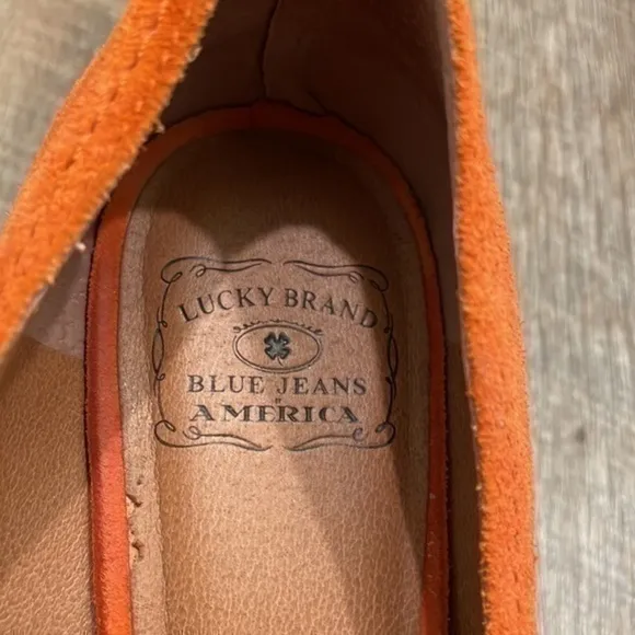 Lucky Brand coral salmon suede peep toe platform wedge heel size 9 1/2
