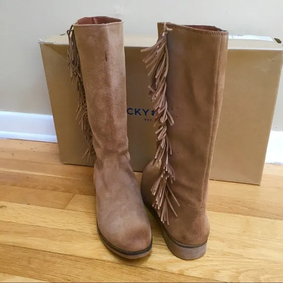 LUCKY BRAND Grayer Honey Oiled Suede Fringed Boots Size 10
