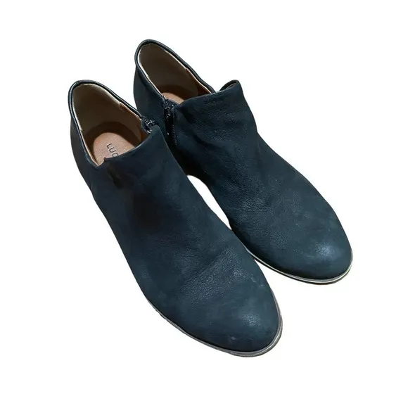 LUCKY Brand Leather Suede All Black Brixlee Booties w/Stacked Heel