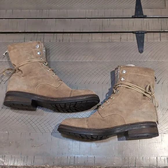 M. GEMI Suede Bling Tongue Lace-Up Moto Boots Size 41