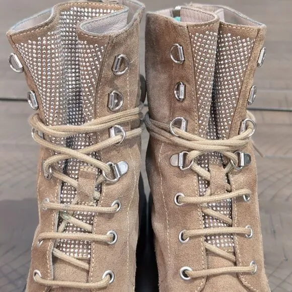 M. GEMI Suede Bling Tongue Lace-Up Moto Boots Size 41