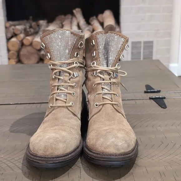 M. GEMI Suede Bling Tongue Lace-Up Moto Boots Size 41