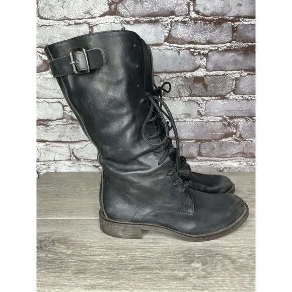 Madison et cie Blue Leather Combat Lace Up BuckleStrap Boots Women’s 36EU/6M US