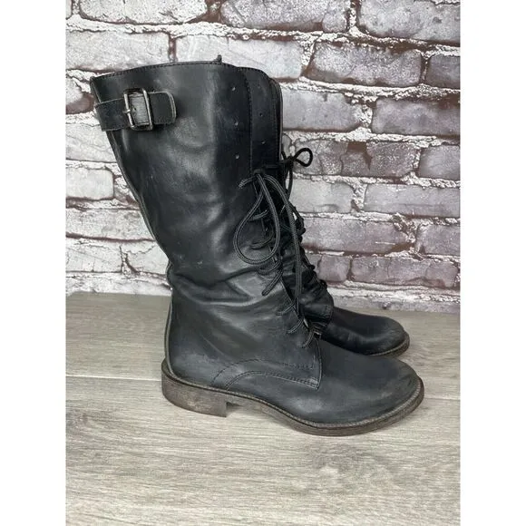Madison et cie Blue Leather Combat Lace Up BuckleStrap Boots Women’s 36EU/6M US