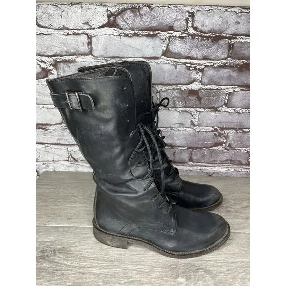 Madison et cie Blue Leather Combat Lace Up BuckleStrap Boots Women’s 36EU/6M US