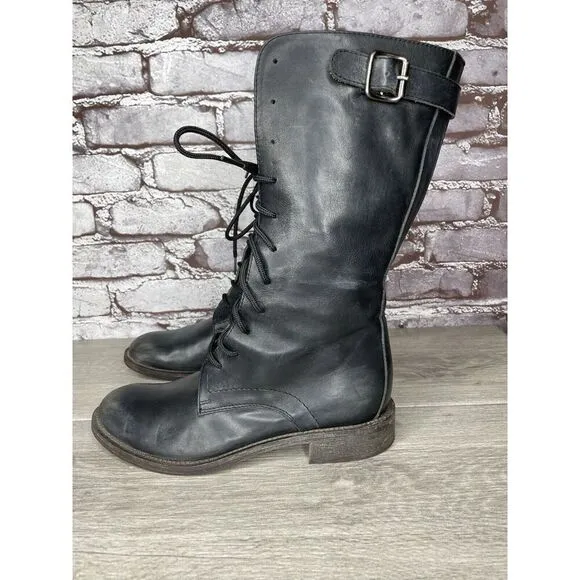 Madison et cie Blue Leather Combat Lace Up BuckleStrap Boots Women’s 36EU/6M US