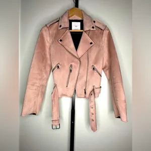 Mango XS Soft-Pink Suede Biker Jacket with Silver Hardware 🌸