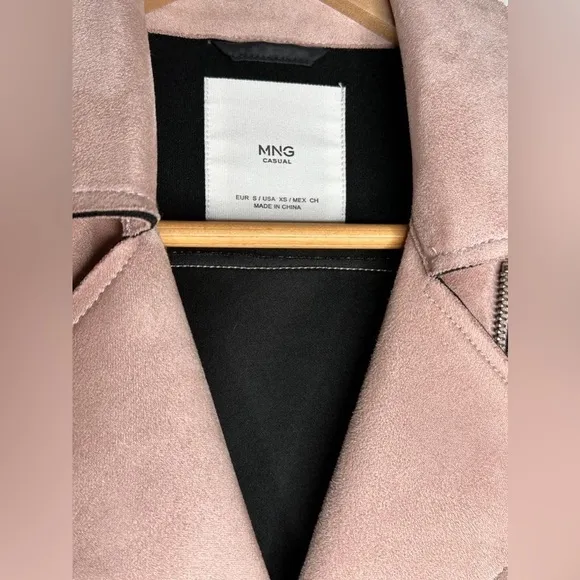 Mango XS Soft-Pink Suede Biker Jacket with Silver Hardware 🌸