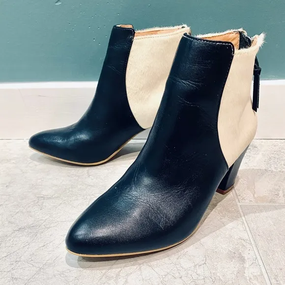 MARAIS ankle boots black leather pony hair fur colorblock booties heels heeled