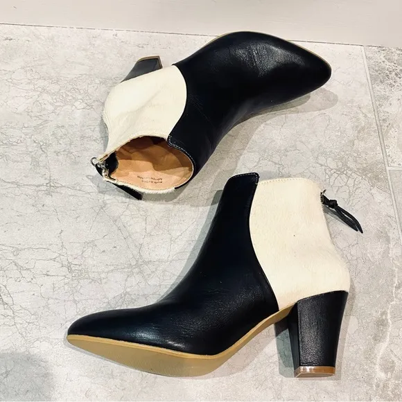 MARAIS ankle boots black leather pony hair fur colorblock booties heels heeled