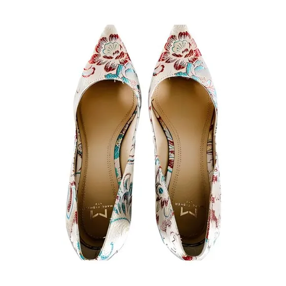 Marc Fisher Leather Red Blue White Floral Brocade Tapestry Chunky Block Heels 9