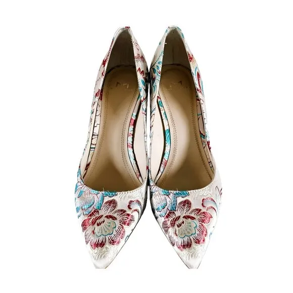 Marc Fisher Leather Red Blue White Floral Brocade Tapestry Chunky Block Heels 9