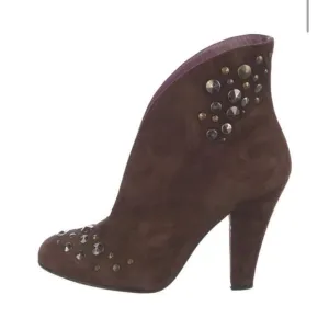 Marc Jacobs Brown Suede Gold Bronze Studded Low Open Front Booties Size 10.5