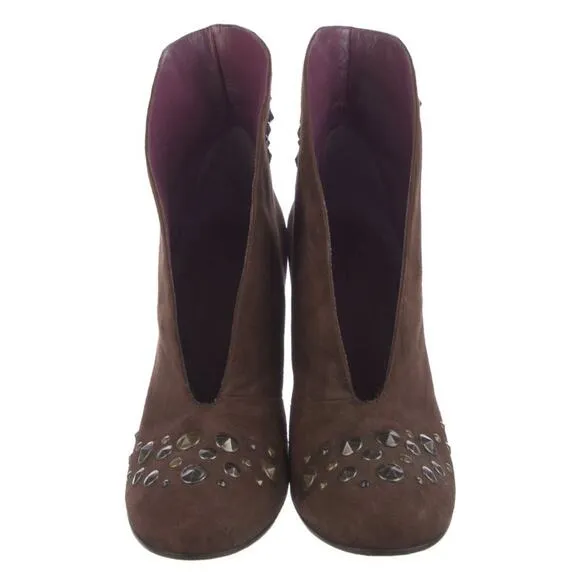 Marc Jacobs Brown Suede Gold Bronze Studded Low Open Front Booties Size 10.5