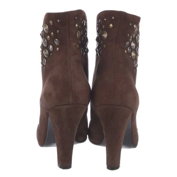 Marc Jacobs Brown Suede Gold Bronze Studded Low Open Front Booties Size 10.5