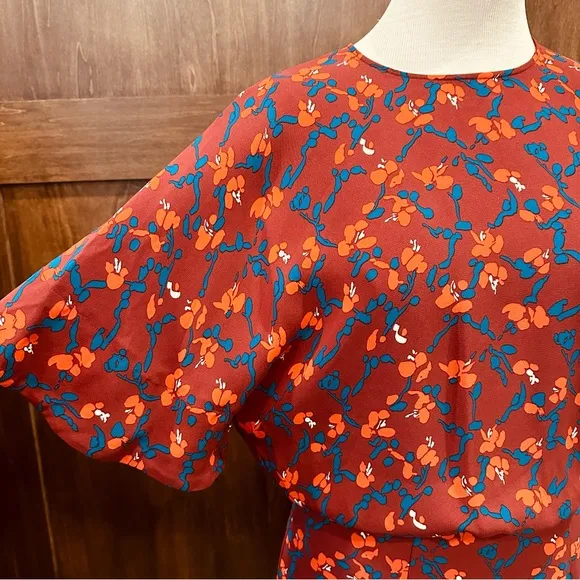 MARIMECKKO RUST RED SUMMER FALL DAY MIDI DRESS FLORAL PRINT FLOWER SUMMER XS