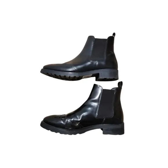 Massimo Dutti Leather Ankle Boots Women's Sz 8/39 Black Brogue Wingtip Oxfords