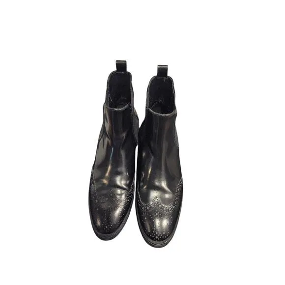 Massimo Dutti Leather Ankle Boots Women's Sz 8/39 Black Brogue Wingtip Oxfords