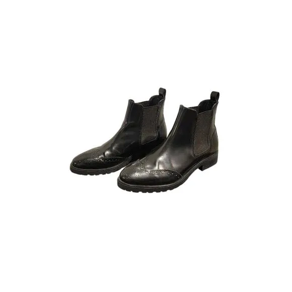 Massimo Dutti Leather Ankle Boots Women's Sz 8/39 Black Brogue Wingtip Oxfords