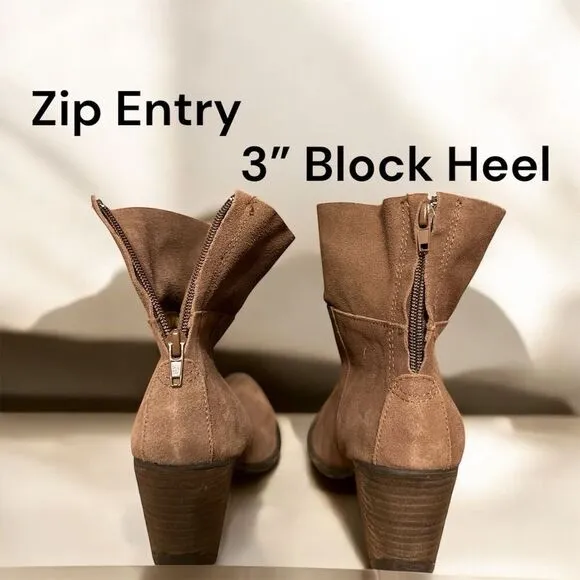 Matisse Shamus WC Tan Brown Soft Suede Ankle Booties 3” Block Heel Zip Entry